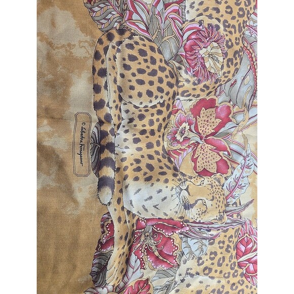 Salvatore Ferragamo Silk Scar Leopard Floral Brown Rectangle Scarf Rolled Hem - Picture 9 of 13